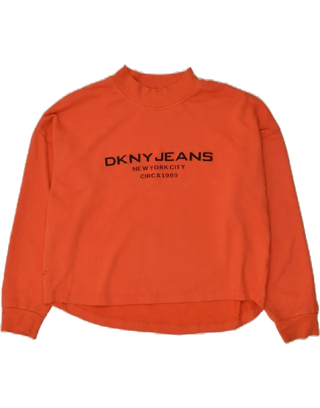 DKNY Womens Crop Graphic Sweatshirt Jumper UK 18 XL Orange Cotton Hoodie with Frayed Bohemian Relaxed