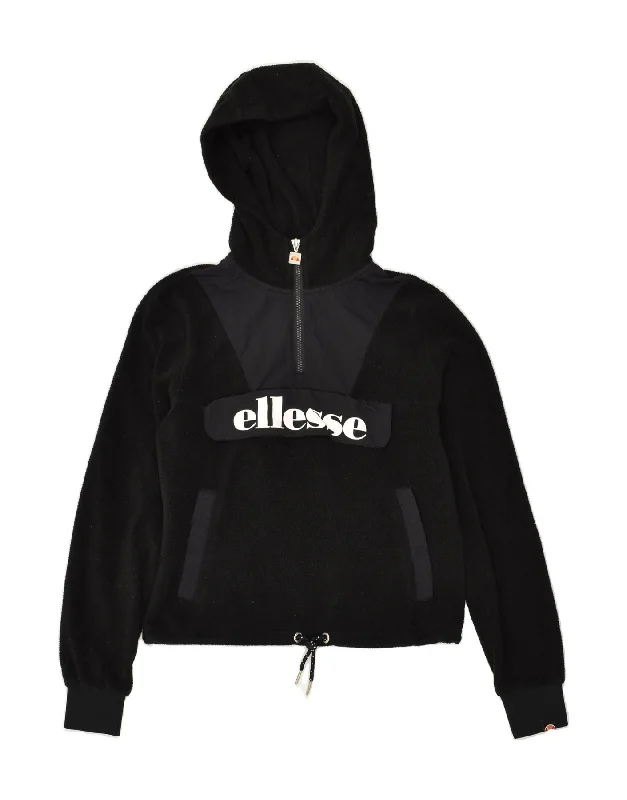 ELLESSE Womens Crop Hooded Fleece Jumper UK 8 Small Black Polyester Hoodie with Patch Decorative Personalized