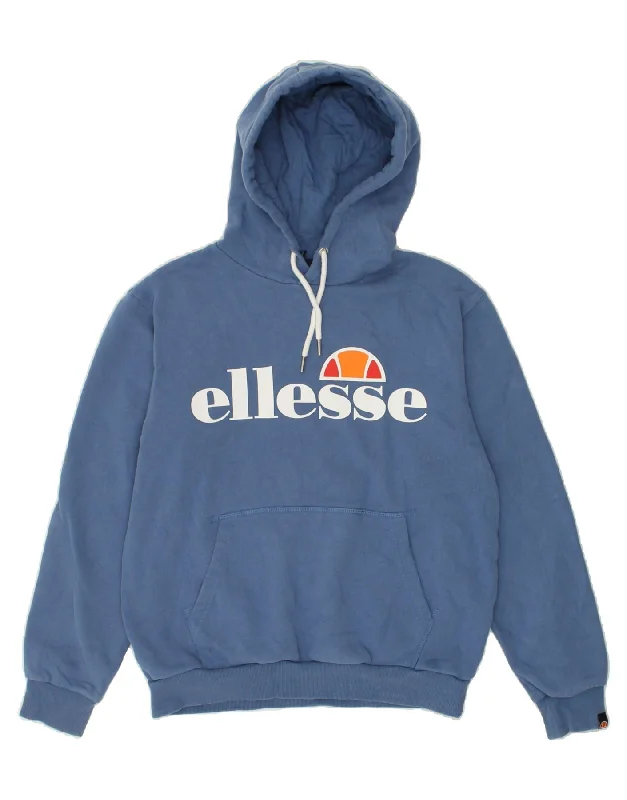 ELLESSE Womens Graphic Hoodie Jumper UK 10 Small  Blue Cotton Hoodie with Hem Frayed Vintage Worn