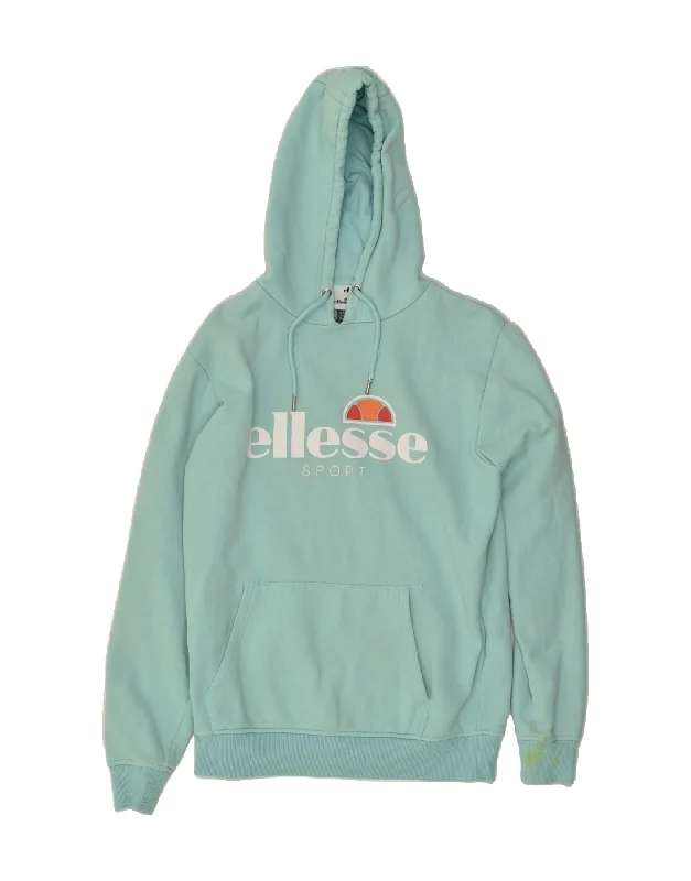 ELLESSE Womens Graphic Hoodie Jumper UK 12 Medium  Blue Cotton Hoodie with Frayed Bohemian Relaxed