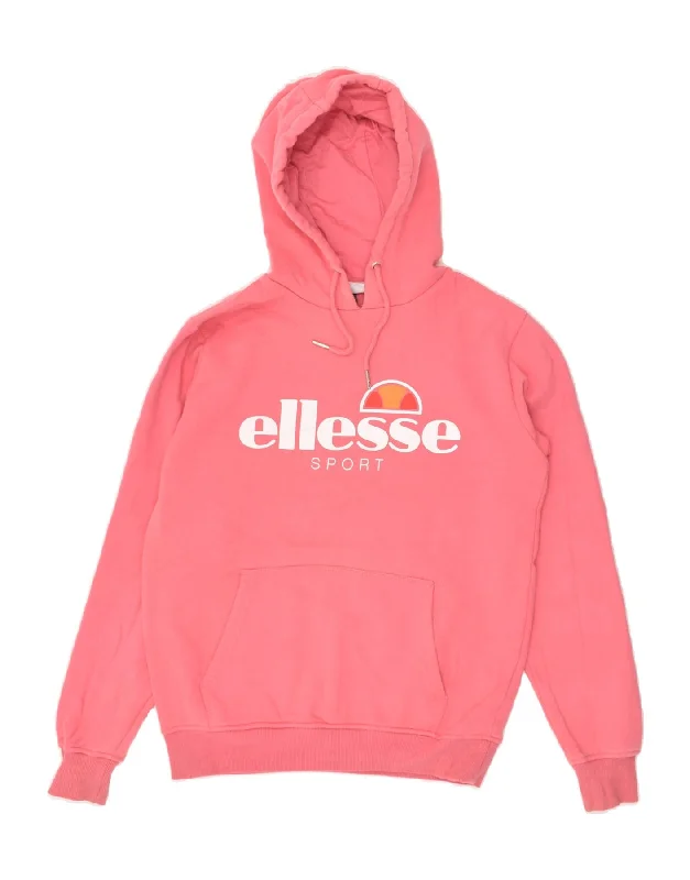 ELLESSE Womens Graphic Hoodie Jumper UK 12 Medium Pink Cotton Hoodie with Typography Text Message