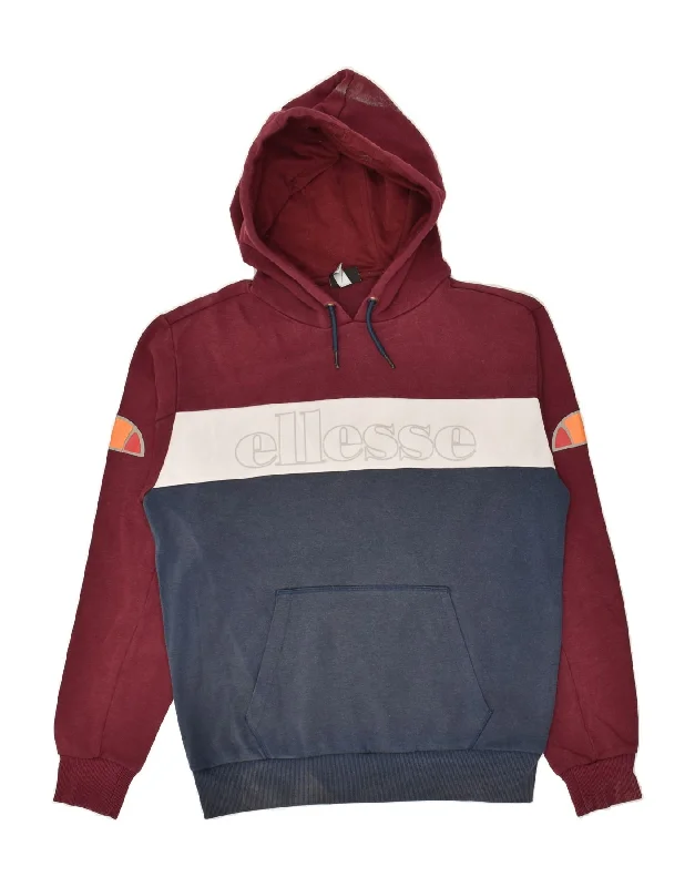 ELLESSE Womens Graphic Hoodie Jumper UK 16 Large Maroon Colourblock Cotton Hoodie with Raglan Sleeves Sporty Comfortable