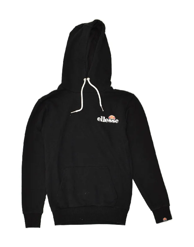 ELLESSE Womens Hoodie Jumper UK 6 XS Black Cotton Hoodie with Pattern Geometric Abstract