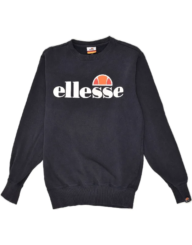 ELLESSE Womens Loose Fit Graphic Sweatshirt Jumper UK 6 XS Navy Blue Hoodie Crop Top Short Trendy