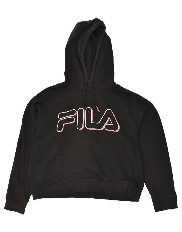 FILA Womens Crop Graphic Hoodie Jumper UK 16 Large Black Cotton Hoodie with Print Artistic Unique