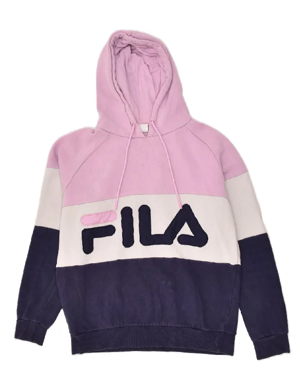 FILA Womens Graphic Hoodie Jumper UK 10 Small Pink Colourblock Cotton Hoodie with Hem Raw Edge Edgy Unfinished