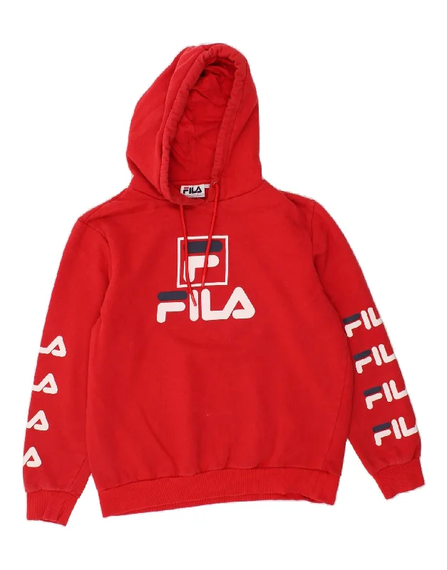 FILA Womens Graphic Hoodie Jumper UK 12 Medium Red Cotton Hoodie with Distressed Vintage Worn