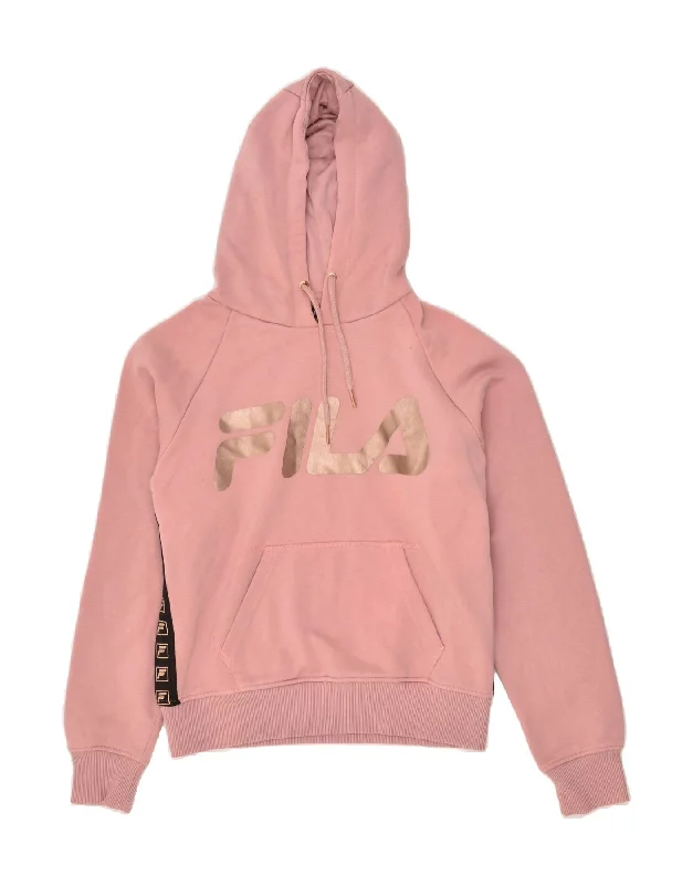 FILA Womens Graphic Hoodie Jumper UK 14 Medium Pink Cotton Zip Hoodie Drawstring Kangaroo Pocket