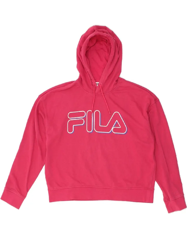 FILA Womens Graphic Hoodie Jumper UK 16 Large Pink Cotton Hoodie with Strings Custom Fit Adjustable