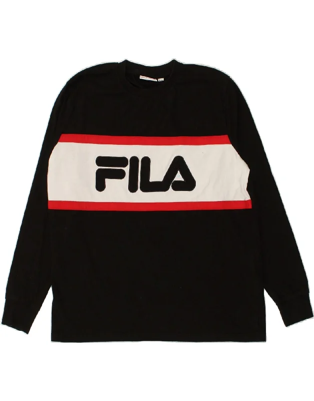 FILA Womens Graphic Sweatshirt Jumper UK 12 Medium Black Cotton Hoodie with Puffed Sleeves Voluminous Trendy