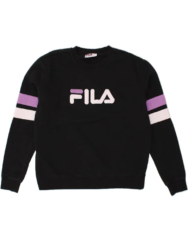 FILA Womens Graphic Sweatshirt Jumper UK 18 XL Black Cotton Hoodie with Ribbed Neckline Snug Warm