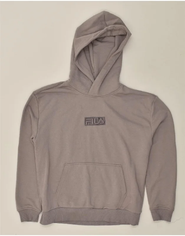 FILA Womens Loose Fit Graphic Hoodie Jumper UK 14 Medium Grey Cotton Hoodie with Metallic Shiny Futuristic