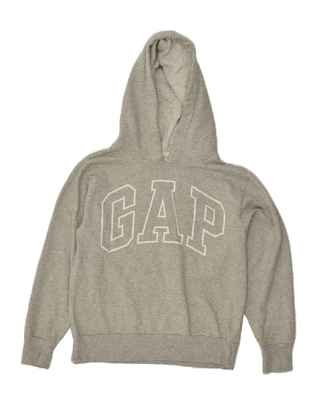 GAP Womens Graphic Hoodie Jumper UK 10 Small Grey Cotton Hoodie with Raw Hem Edgy Unfinished