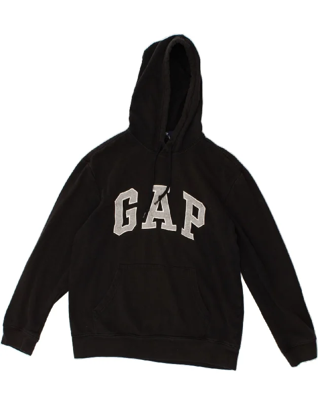 GAP Womens Graphic Hoodie Jumper UK 14 Medium Black Cotton Hoodie with Hem Embroidery Detailed Premium