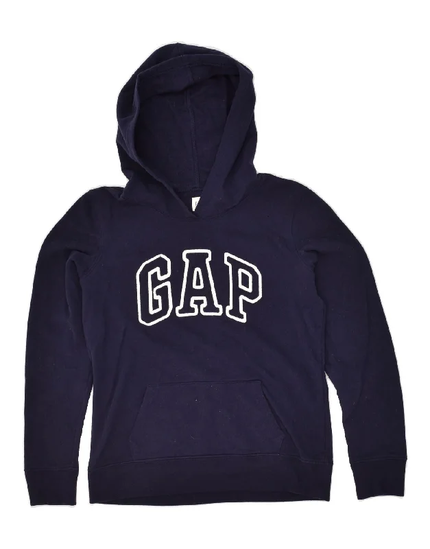 GAP Womens Graphic Hoodie Jumper UK 6 XS Navy Blue Cotton Hoodie with Raglan Sleeves Sporty Comfortable