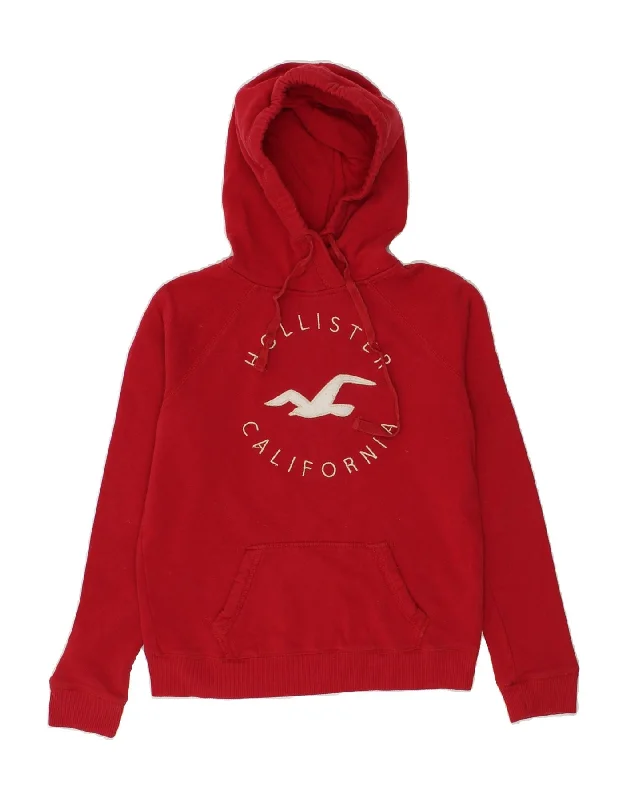 HOLLISTER Womens Graphic Hoodie Jumper UK 10 Small Red Cotton Hoodie with Hem Ribbing Snug Secure