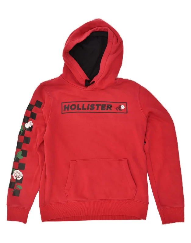 HOLLISTER Womens Graphic Hoodie Jumper UK 14  Medium Red Cotton Hoodie with Sequins Glamorous Eye-catching