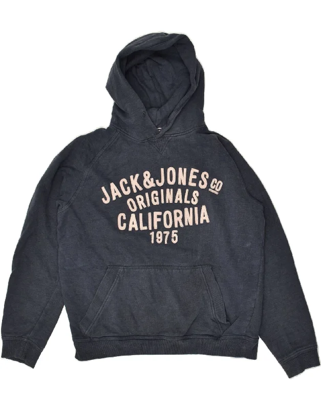 JACK & JONES Womens Graphic Hoodie Jumper UK 16 Large Navy Blue Cotton Hoodie with Drop Shoulder Relaxed Streetwear