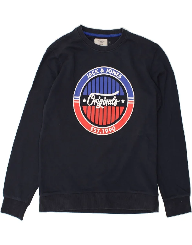 JACK & JONES Womens Graphic Sweatshirt Jumper UK 14 Medium Navy Blue Hoodie with Earth Tones Natural Calm