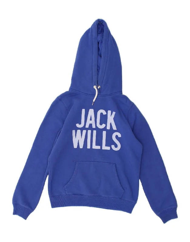 JACK WILLS Womens Graphic Hoodie Jumper UK 12 Medium  Blue Cotton Hoodie with Cuffed Sleeves Snug Secure