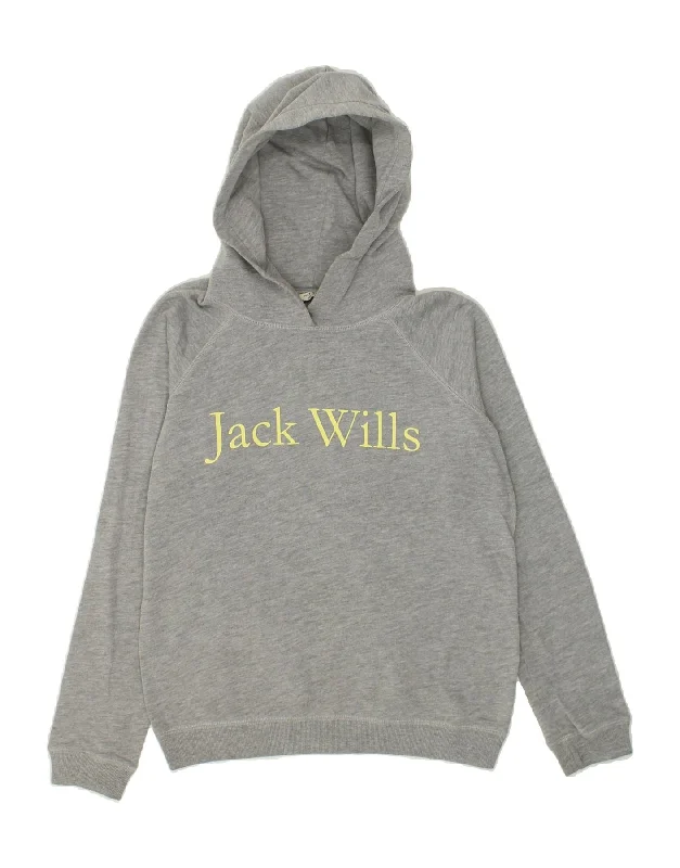 JACK WILLS Womens Graphic Hoodie Jumper UK 12 Medium Grey Cotton Hoodie with Back Slit Movement Comfort