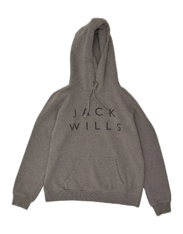 JACK WILLS Womens Graphic Hoodie Jumper UK 14 Large  Grey Cotton Hoodie with High Neck Warm Protective