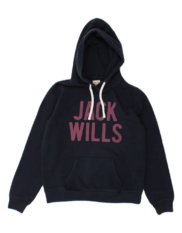 JACK WILLS Womens Graphic Hoodie Jumper UK 16 Large Navy Blue Hoodie with Hem Detail Decorative Unique