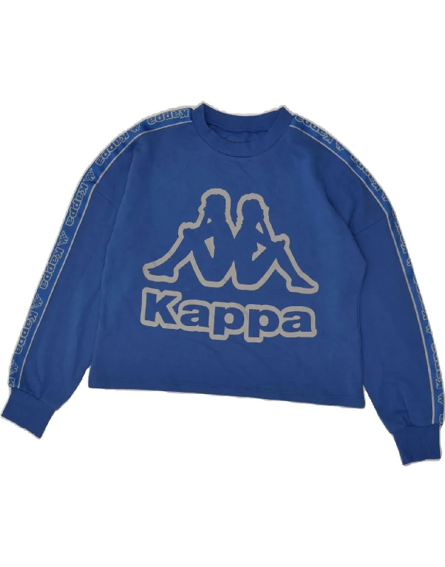 KAPPA Womens Crop Graphic Sweatshirt Jumper UK 10 Small Blue Cotton Hoodie with Hem Raw Edge Edgy Unfinished