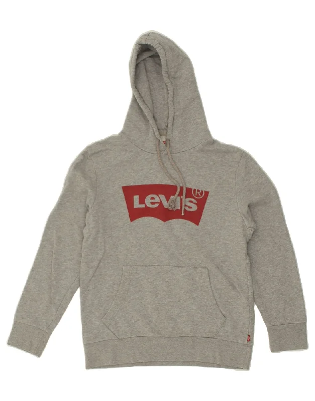 LEVI'S Womens Graphic Hoodie Jumper UK 10 Small Grey Cotton Hoodie with Turtle Neck Cozy Winter