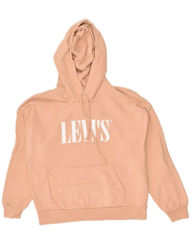 LEVI'S Womens Oversized Graphic Hoodie Jumper UK 6 XS Beige Cotton Hoodie with Hem Embroidery Detailed Premium