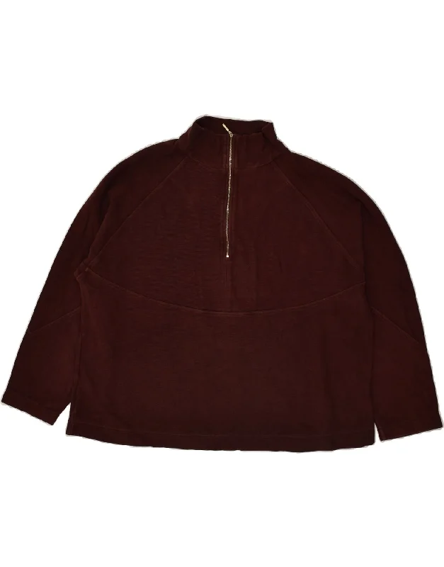 MASSIMO DUTTI Womens Zip Neck Sweatshirt Jumper UK 16 Large Burgundy Hoodie with Button Placket Classic Preppy