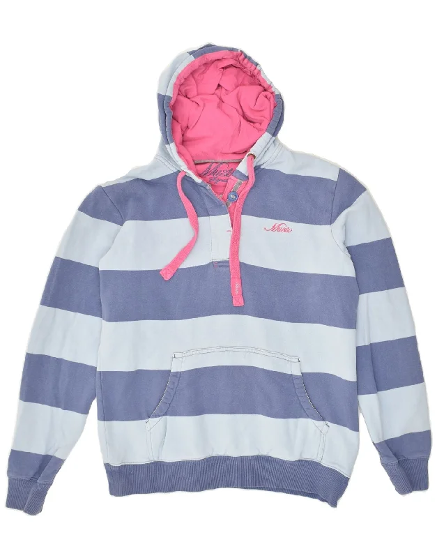 MUSTO Womens Hoodie Jumper UK 10 Small Blue Striped Cotton Hoodie with Lace Feminine Delicate