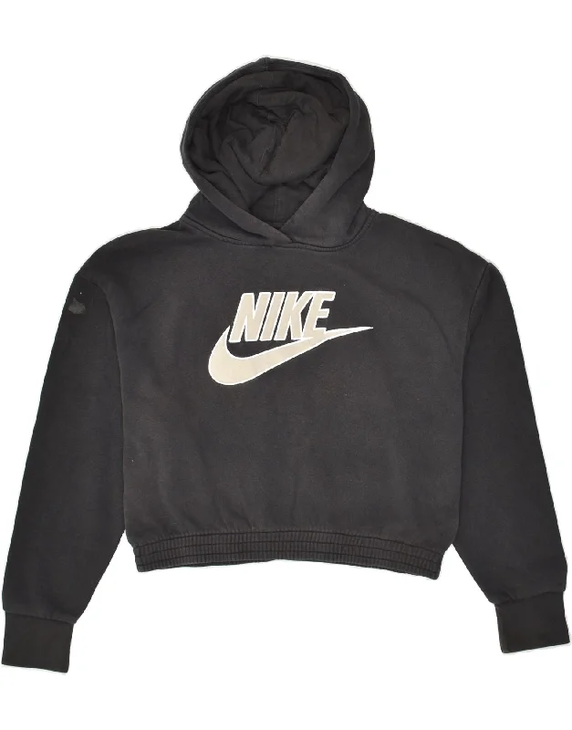 NIKE Womens Graphic Crop Hoodie Jumper UK 10 Small Black Cotton Hoodie with Raglan Sleeves Sporty Comfortable