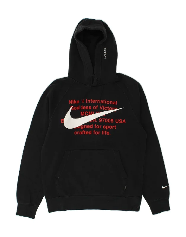 NIKE Womens Graphic Hoodie Jumper UK 10 Small Black Cotton Hoodie with Hem Applique Textured Unique