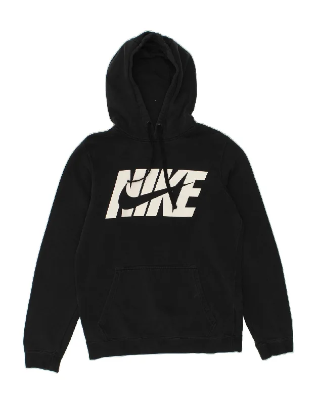 NIKE Womens Graphic Hoodie Jumper UK 10 Small Black Cotton Hoodie with Side Slits Relaxed Casual