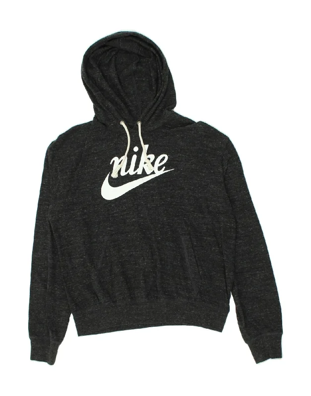 NIKE Womens Graphic Hoodie Jumper UK 10 Small Black Flecked Cotton Hoodie with Oversized Fit Loose Comfortable