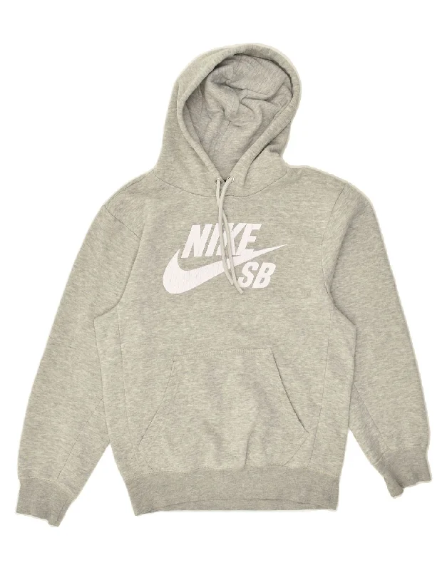 NIKE Womens Graphic Hoodie Jumper UK 10 Small Grey Cotton Hoodie with Monochrome Minimalist Simple