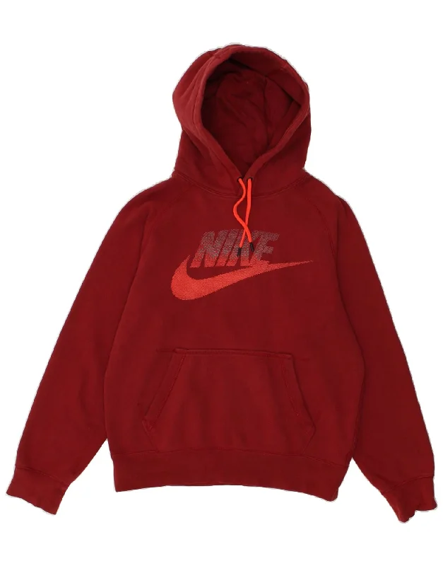 NIKE Womens Graphic Hoodie Jumper UK 10 Small Red Cotton Hoodie with Hem Patch Decorative Personalized