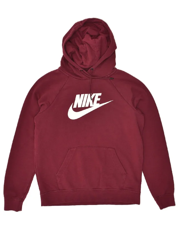 NIKE Womens Graphic Hoodie Jumper UK 14 Medium Burgundy Cotton Hoodie with Raw Hem Edgy Unfinished