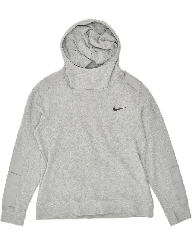 NIKE Womens Graphic Hoodie Jumper UK 14 Medium Grey Cotton Hoodie with Applique Textured Unique