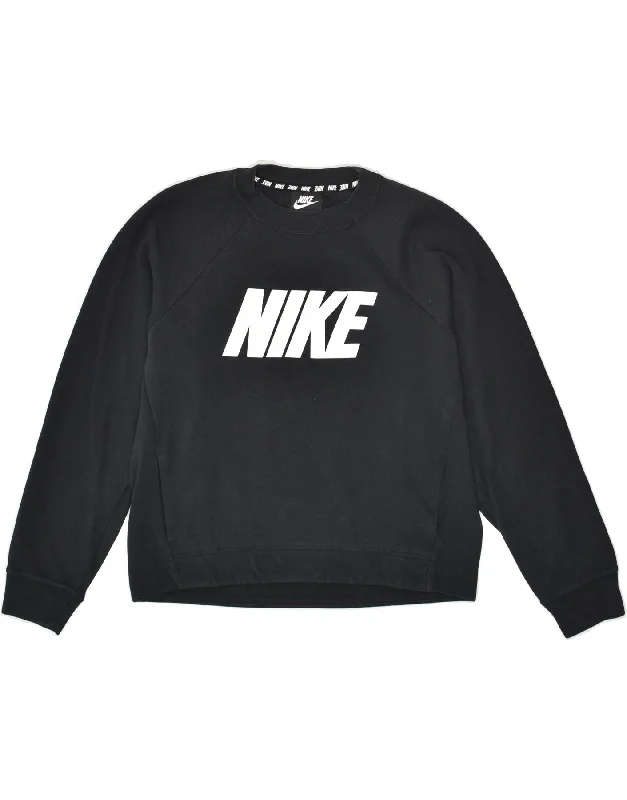 NIKE Womens Graphic Sweatshirt Jumper UK 10 Small Black Hoodie with Bell Sleeves Flared Feminine