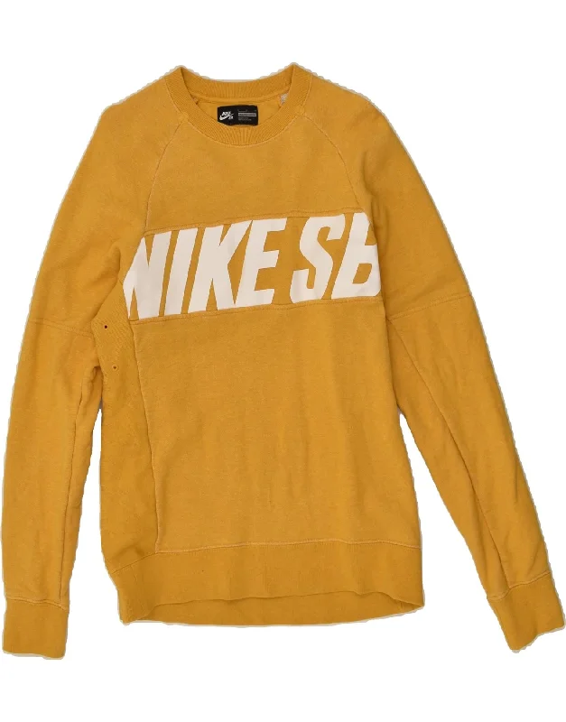 NIKE Womens Graphic Sweatshirt Jumper UK 14 Medium Yellow Cotton Hoodie with Thumb Holes Functional Cozy