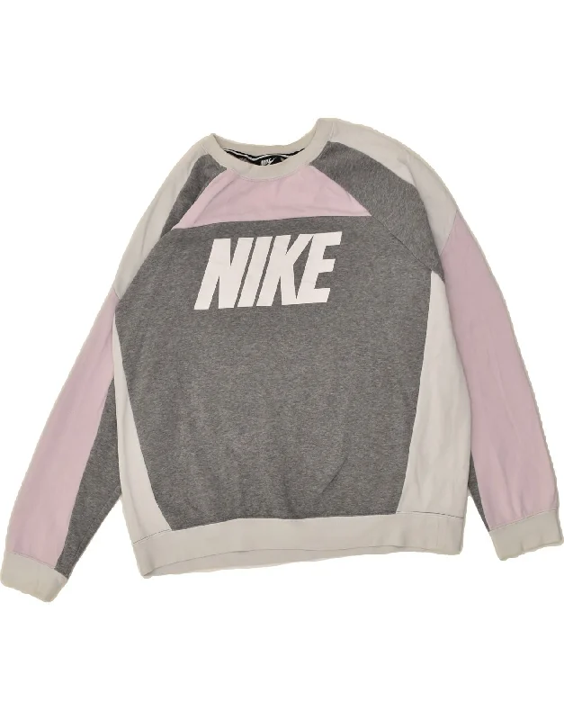 NIKE Womens Graphic Sweatshirt Jumper UK 16 Large Grey Colourblock Cotton Hoodie with Hem Ribbing Snug Secure