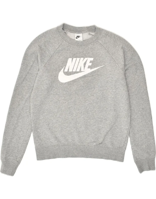 NIKE Womens Graphic Sweatshirt Jumper UK 6 XS Grey Hoodie with Color Block Contrast Stylish