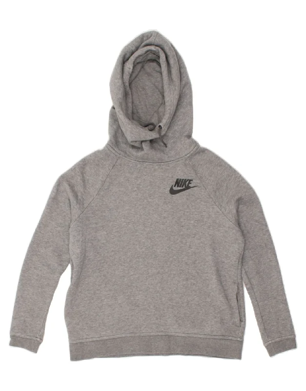 NIKE Womens Hoodie Jumper UK 10 Small Grey Cotton Hoodie with Color Block Contrast Stylish