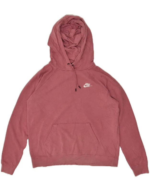 NIKE Womens Hoodie Jumper UK 14 Medium Pink Cotton Hoodie with Hem Drawcord Adjustable Customizable