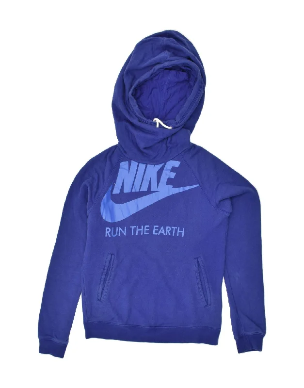 NIKE Womens Oversized Graphic Hoodie Jumper UK 10 Small Blue Cotton Hoodie with Elastic Waist Stretchable Comfortable