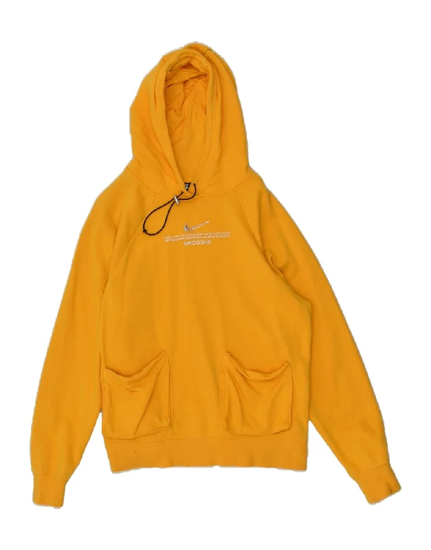 NIKE Womens Swoosh Hoodie Jumper UK 10 Small Yellow Cotton Hoodie with Zipper Versatile Modern