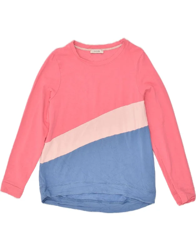 OASIS Womens Sweatshirt Jumper UK 14 Large Pink Colourblock Cotton Hoodie with Longline Fit Extended Stylish