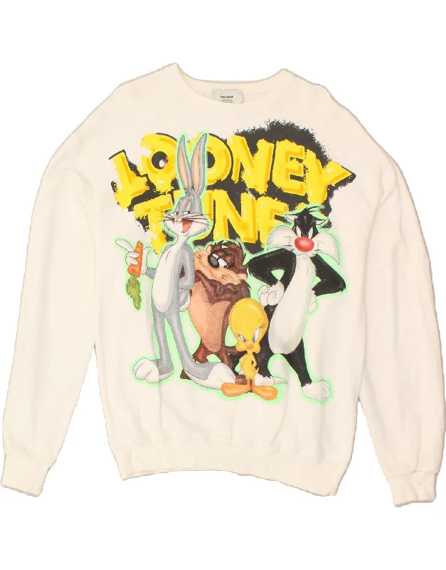 PULL & BEAR Womens Looney Tunes Sweatshirt Jumper UK 10 Small Off White Hoodie with Strings Custom Fit Adjustable